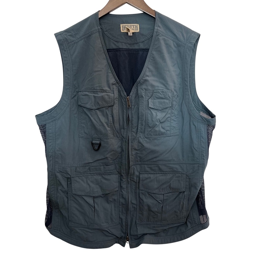 Duluth Trading Co Fishing Vest Mens XL Tall Gray Ripstop Mesh Utility Cargo
